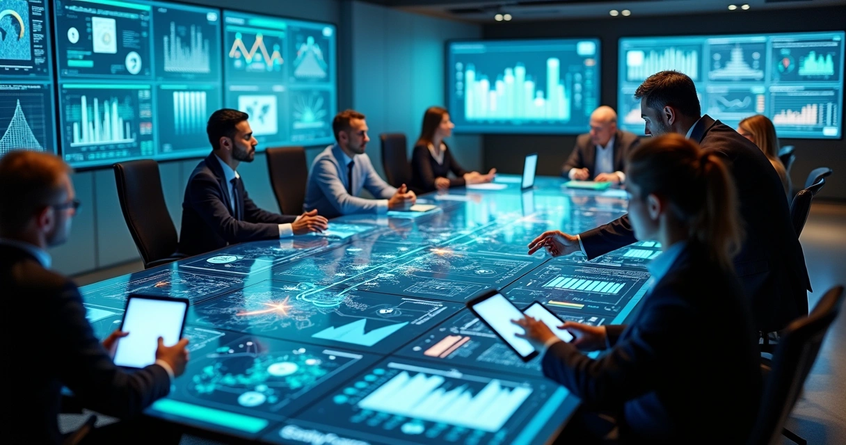 Equipe analisando mesa interativa de dados públicos em tempo real 