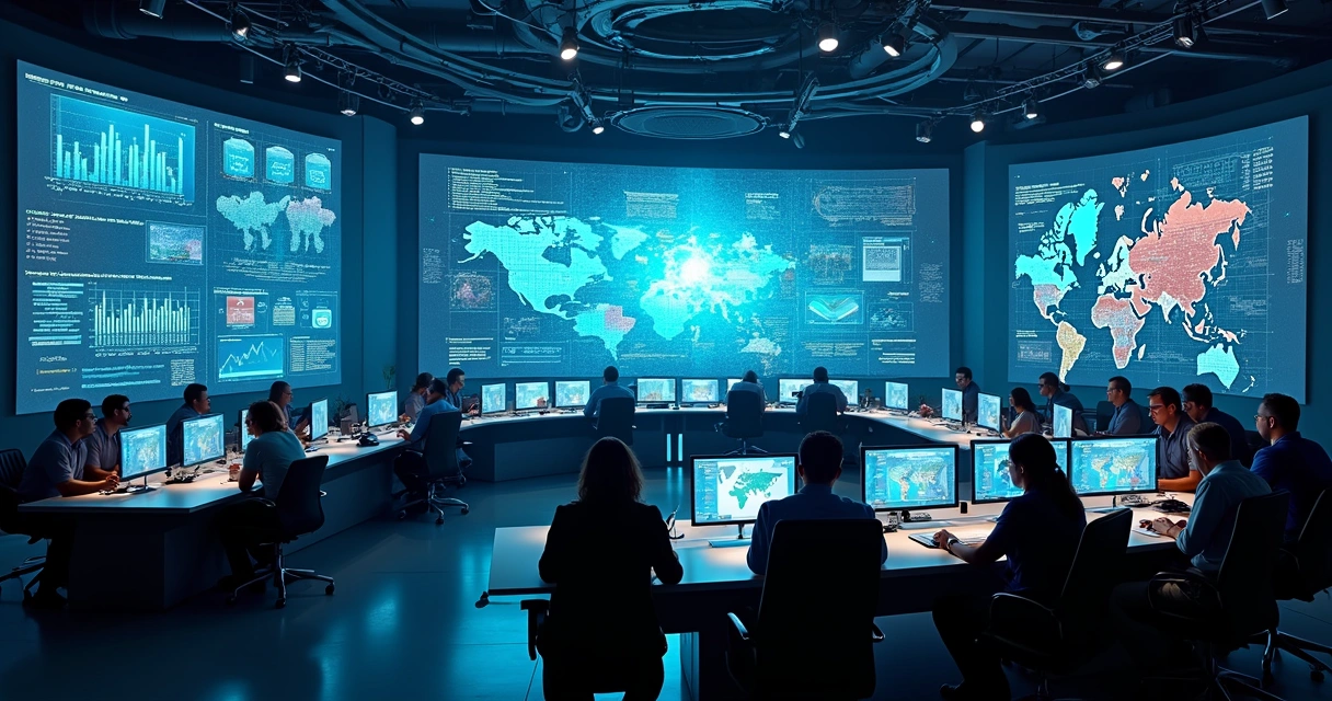Painel de big data sobre segurança em tela grande de sala de monitoramento 