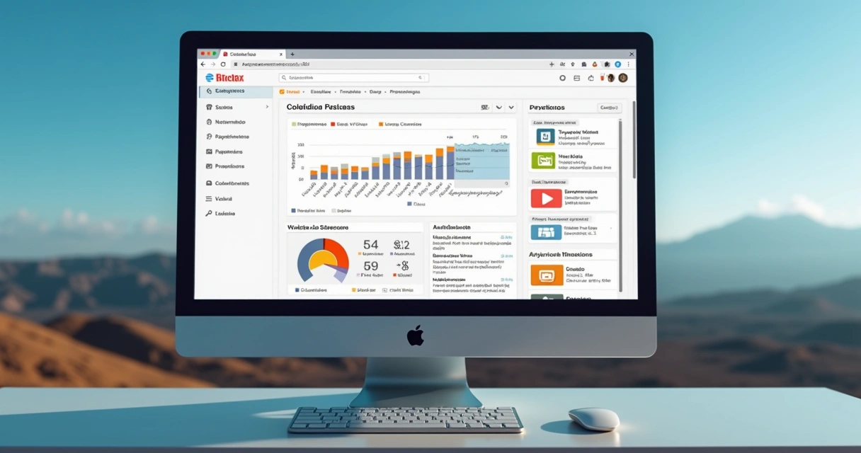 Painel de blog automático mostrando gráficos de performance e publicações 