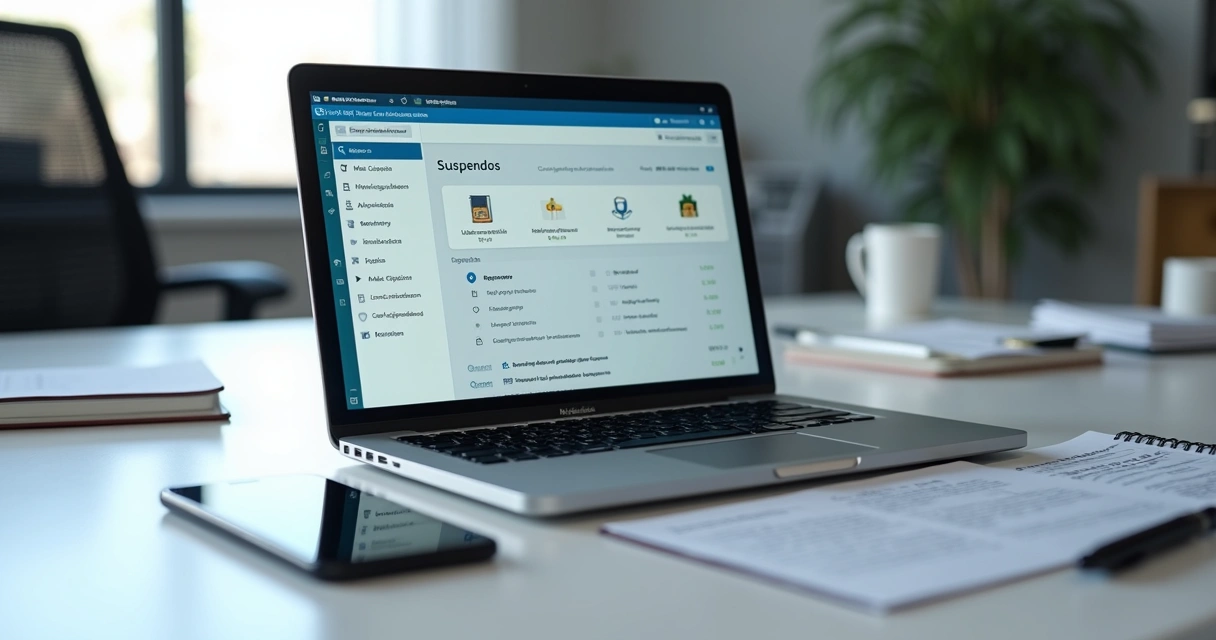 Tela de notebook com aviso de conta suspensa e documentos ao lado