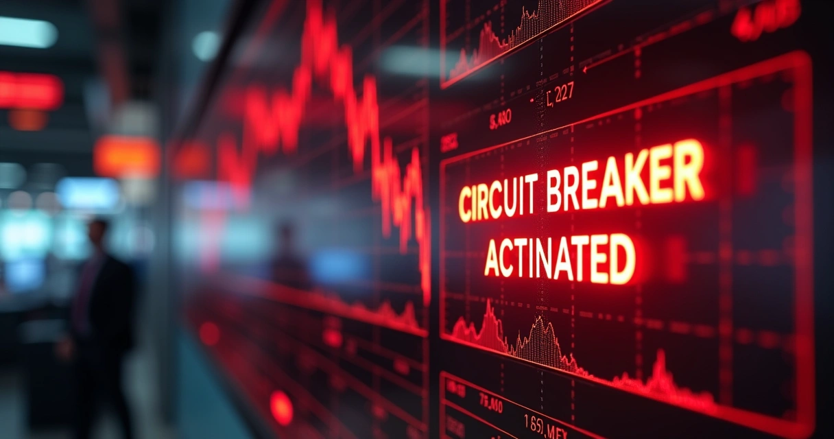 Painel digital de bolsa com gráficos vermelhos e indicador de circuit breaker acionado 