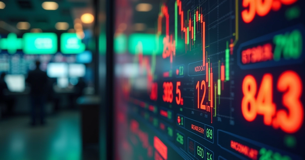 Painel eletrônico da bolsa de valores exibindo gráficos de ações em alta e baixa 