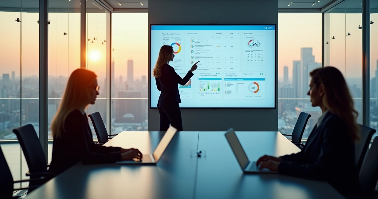 Gestora acompanhando painel digital de contratos em escritório corporativo moderno 