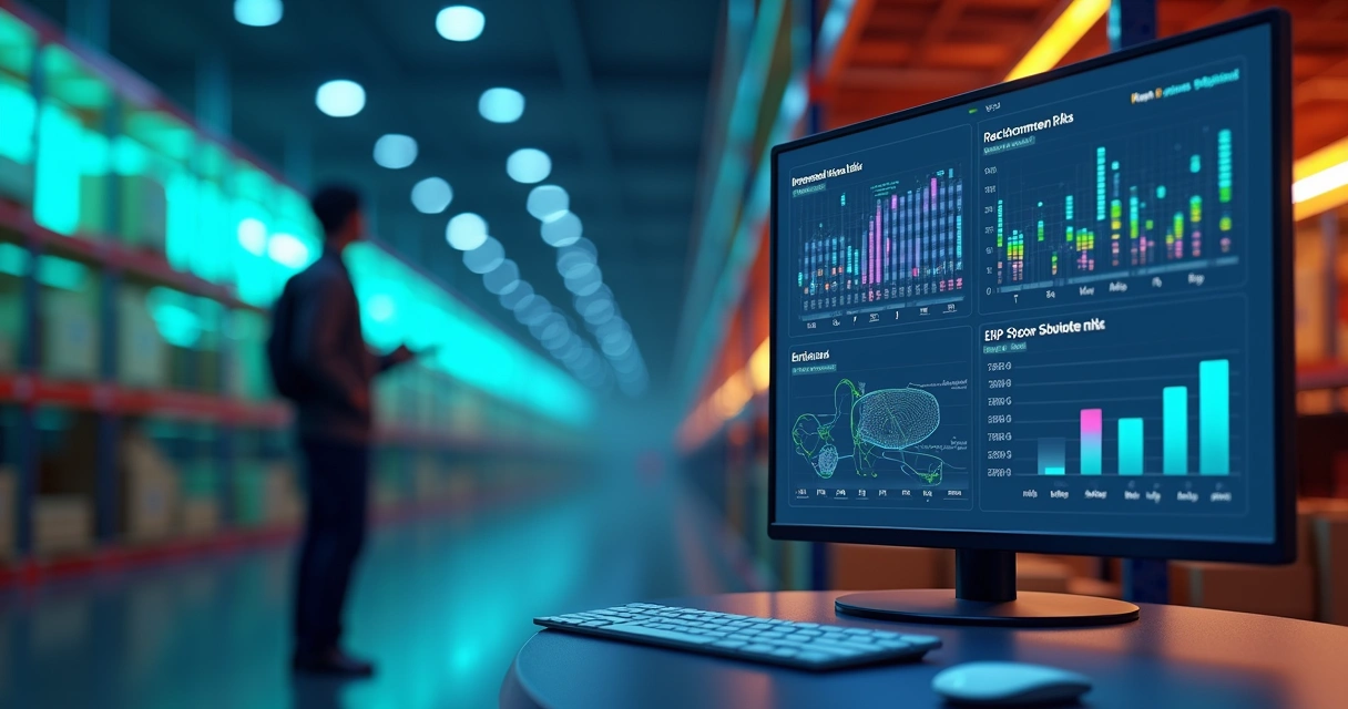Painel 3D de Business Intelligence mostrando indicadores de estoque e alertas de ruptura com gráficos coloridos 