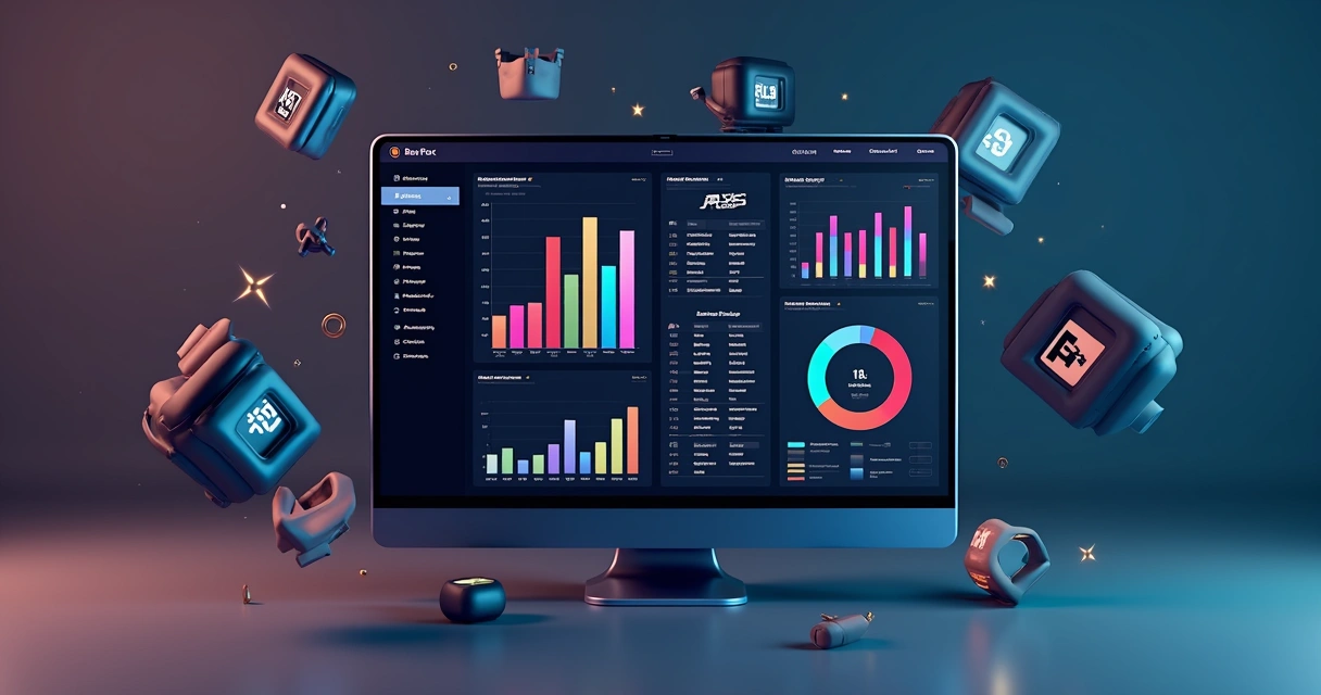 Painel 3D de Business Intelligence com gráficos e indicadores de preços e estoque para e-commerce 