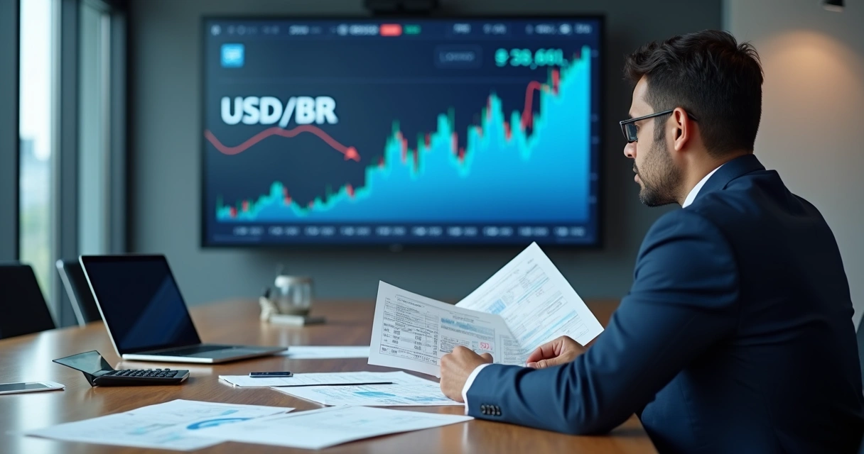 Painel financeiro com gráfico do dólar e gestor revisando custos 