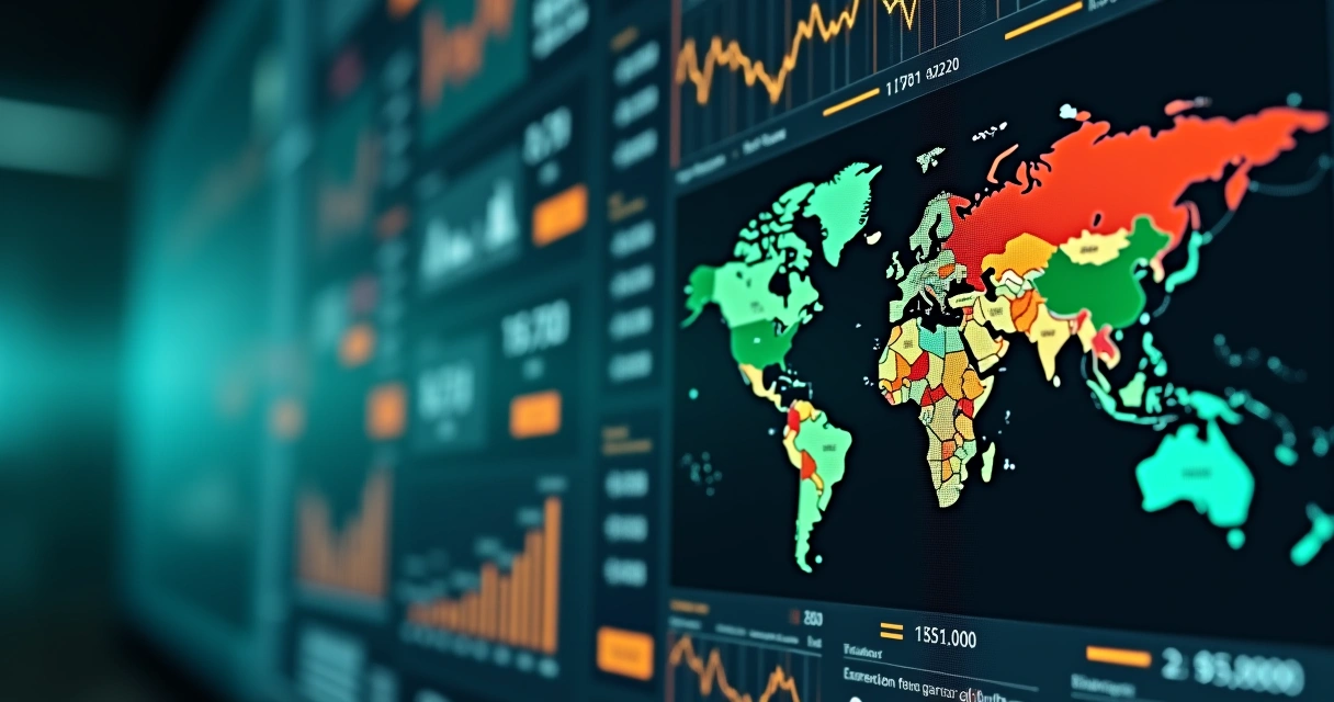 Painel com moedas, alertas de risco e gráficos financeiros
