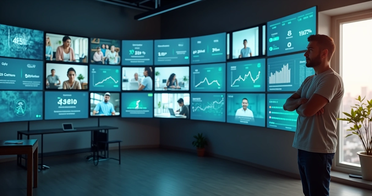 Pequeno empresário observando mural de telas com clientes e indicadores de inadimplência caindo 