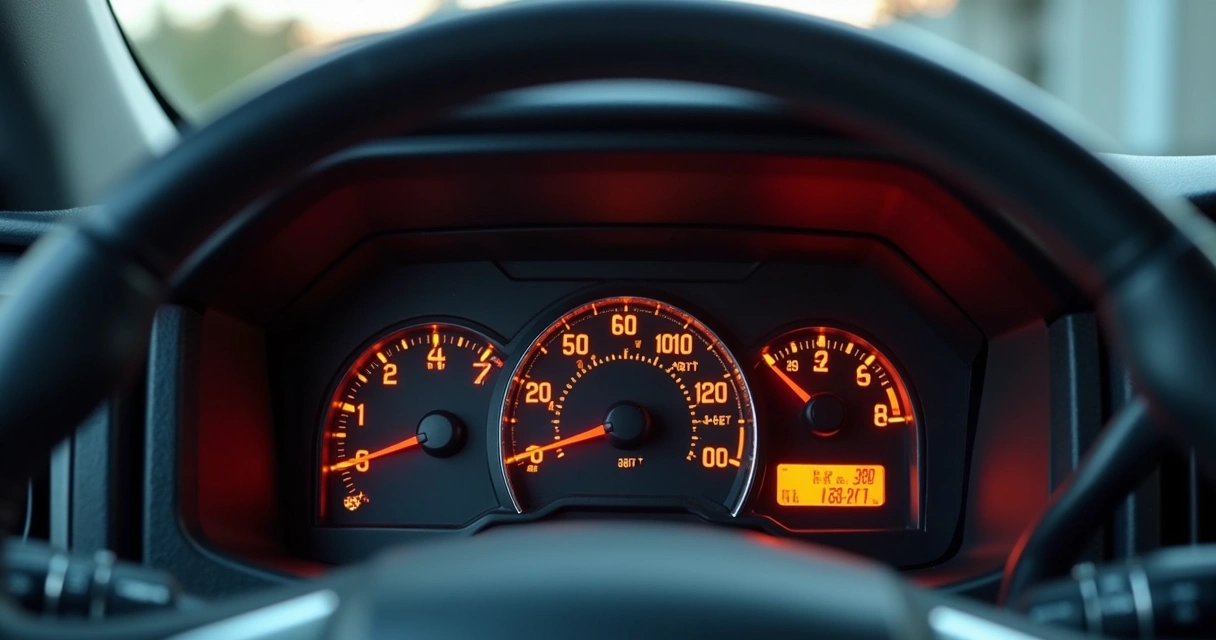 Painel iluminado de caminhonete diesel com luzes de alerta