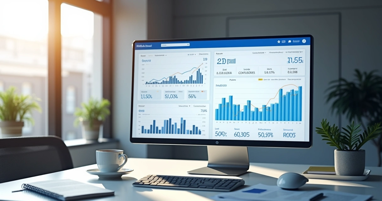 Painel de marketing com gráficos de busca e leads 