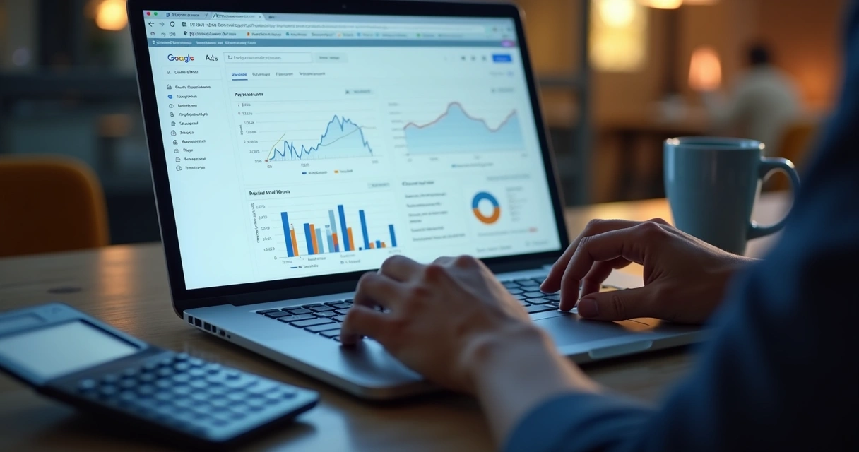 Painel exibindo resultados de campanhas Google Ads com gráficos 