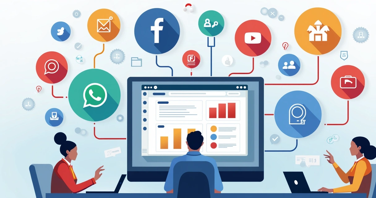 Painel com diferentes canais de comunicação e redes sociais conectados por linhas