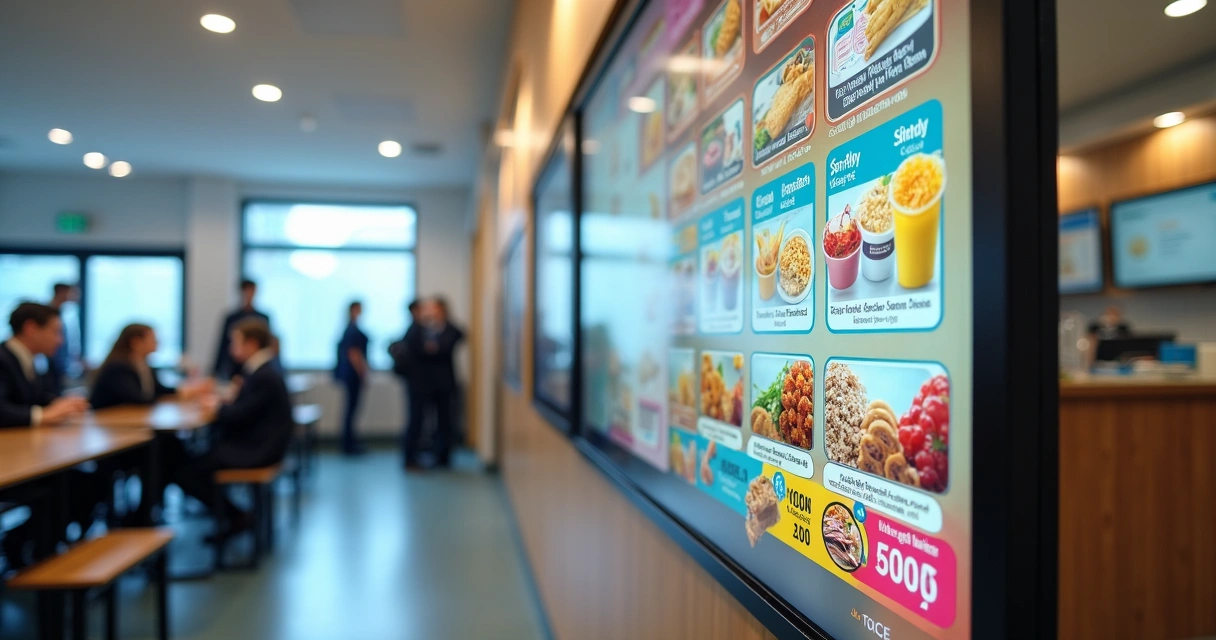 Painel digital mostrando cardápio em cantina escolar 
