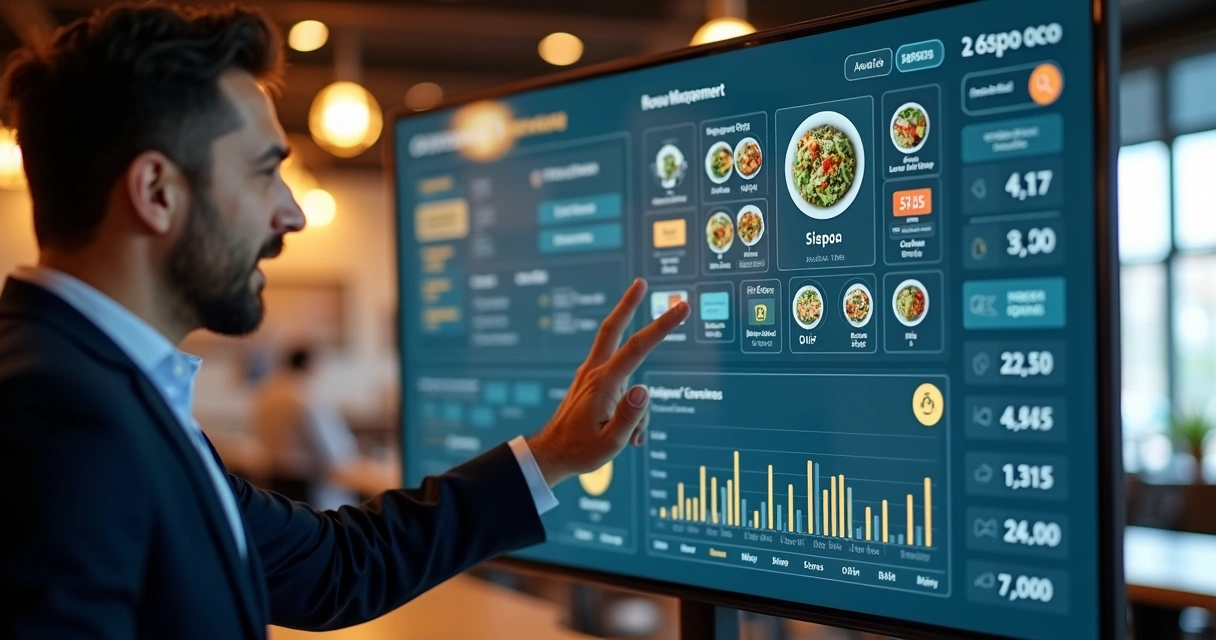 Painel digital mostrando gerenciamento de cardápio e pedidos.