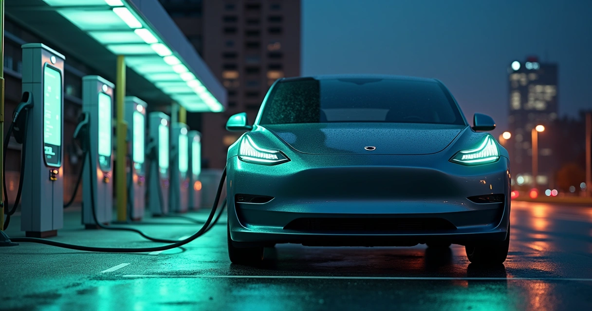 Carro elétrico sendo carregado em estação pública à noite 