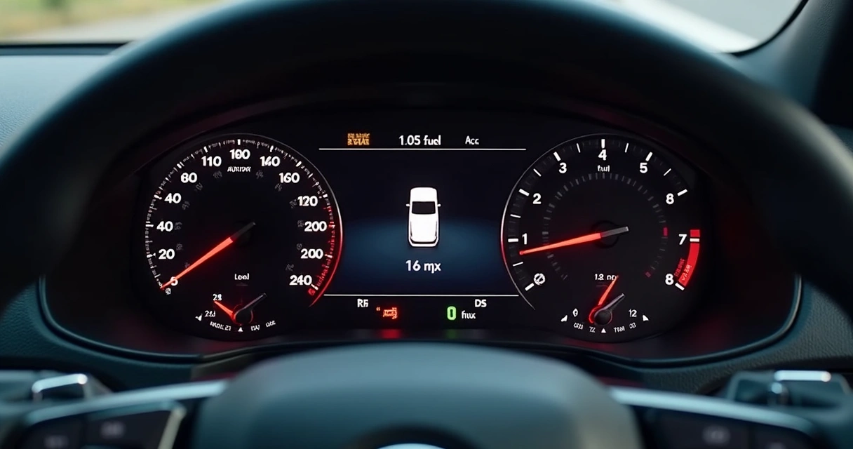 Painel de carro indicando baixo nível de combustível e luzes de alerta acesas