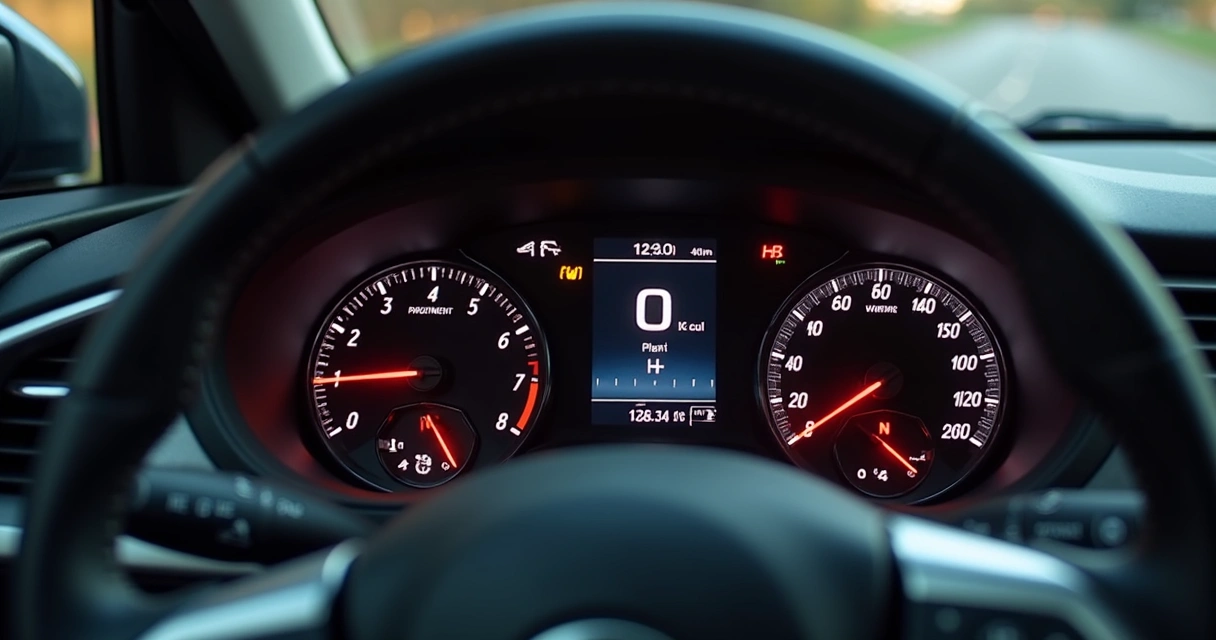 Painel de carro com várias luzes de alerta acesas 