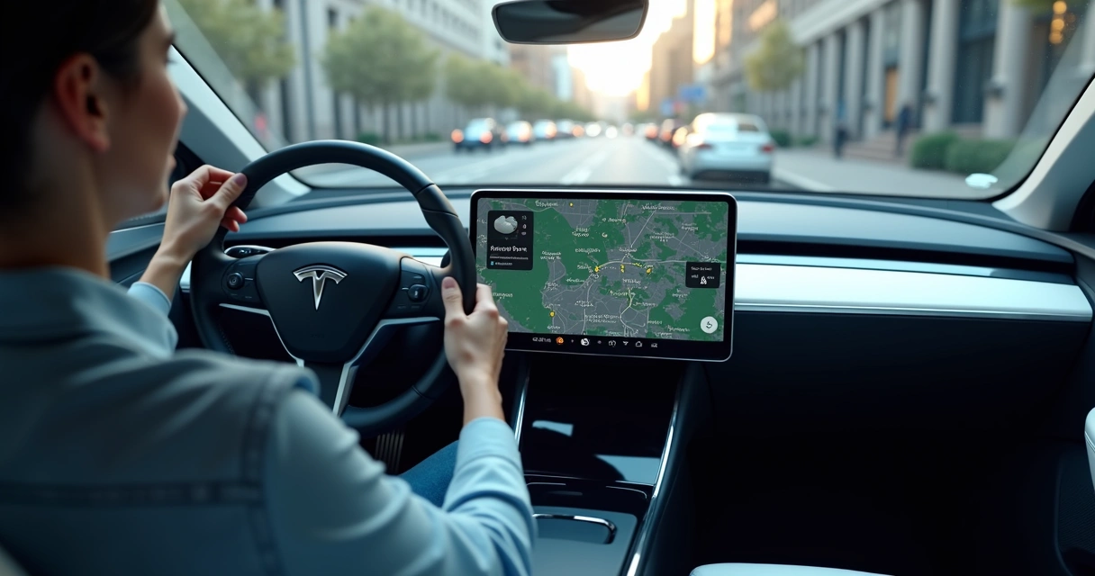 Painel digital de carro conectado com mapa e alertas de dados 