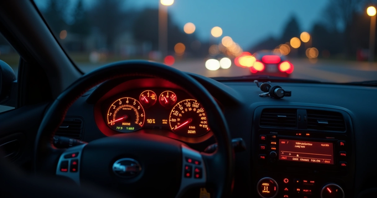 Painel automotivo com luzes fracas e indicadores apagados