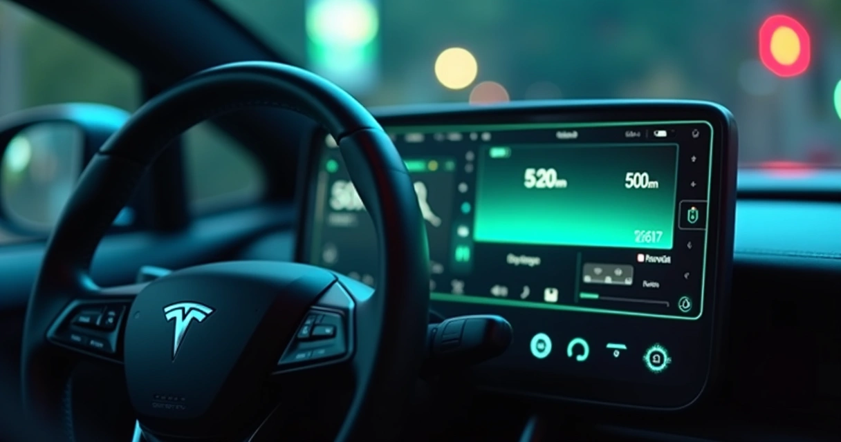 Painel digital de carro elétrico mostrando autonomia e bateria cheia