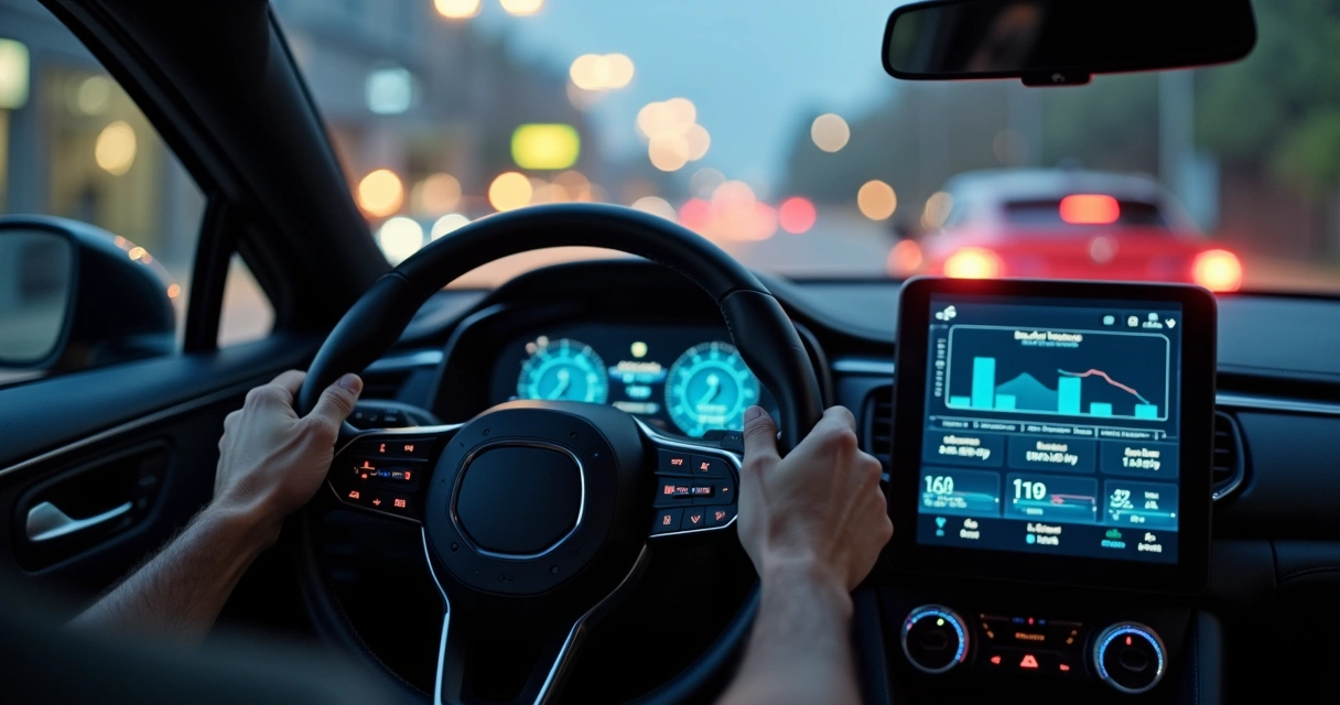 Painel de carro moderno mostrando informações digitais do aplicativo automotivo