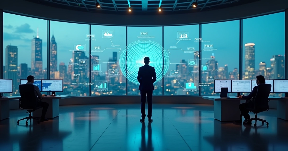 Gestor observando mapa financeiro digital com fluxos de pagamentos centralizados 