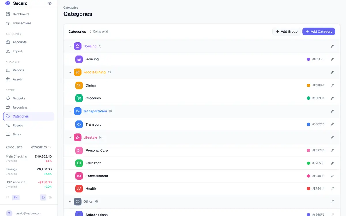 Tela do painel Securo mostrando categorias de despesas com ícones coloridos e opção para adicionar categorias