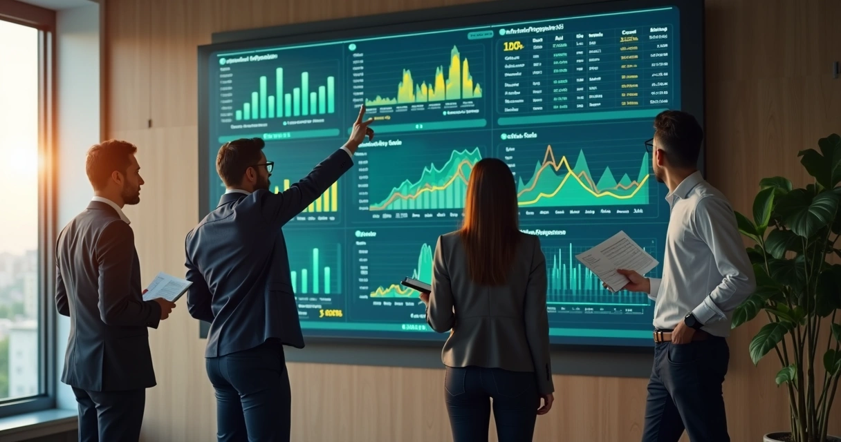 Painel com indicadores econômicos e equipe executiva 