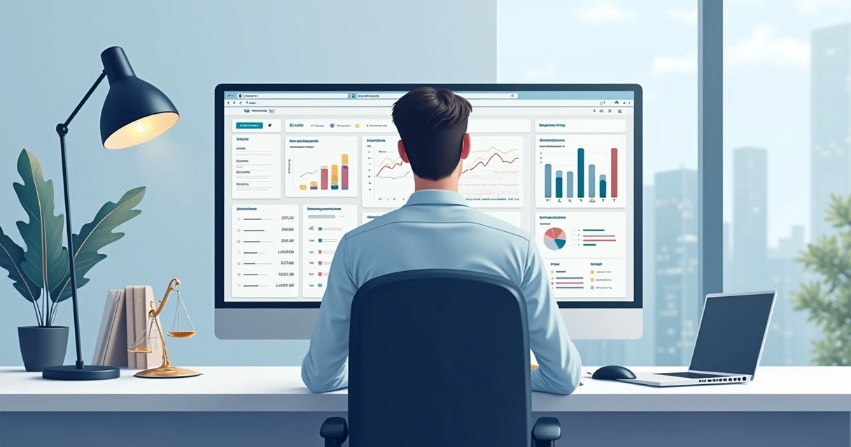 Painel central com informações jurídicas e tarefas do advogado 