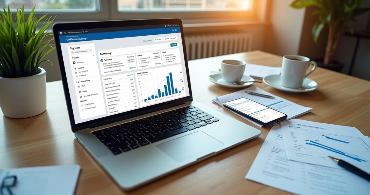 Painel digital com lista de tarefas, prazos e documentos do condomínio, visto em uma tela de notebook 