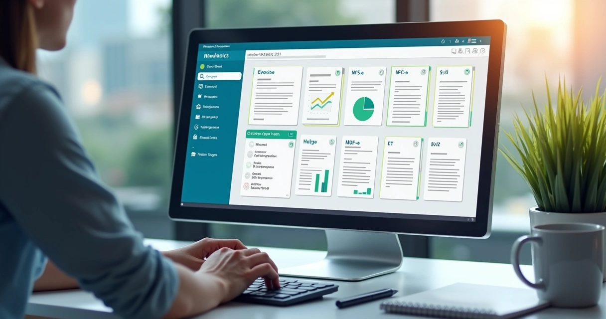 Painel digital mostrando documentos fiscais organizados. 