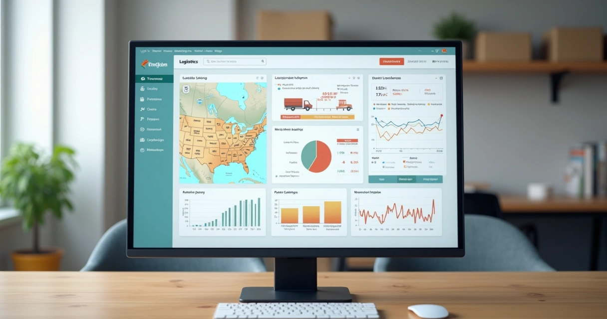 Painel de logística em tela de computador com mapas de entregas e gráficos, mesa de escritório moderna 