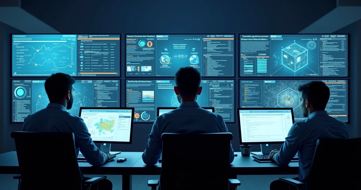 Analistas observando painel unificado de segurança digital em operação corporativa 