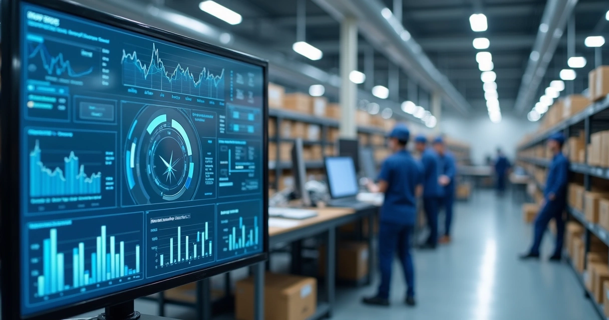 Painel digital em fábrica com linhas de produção e dados de estoque