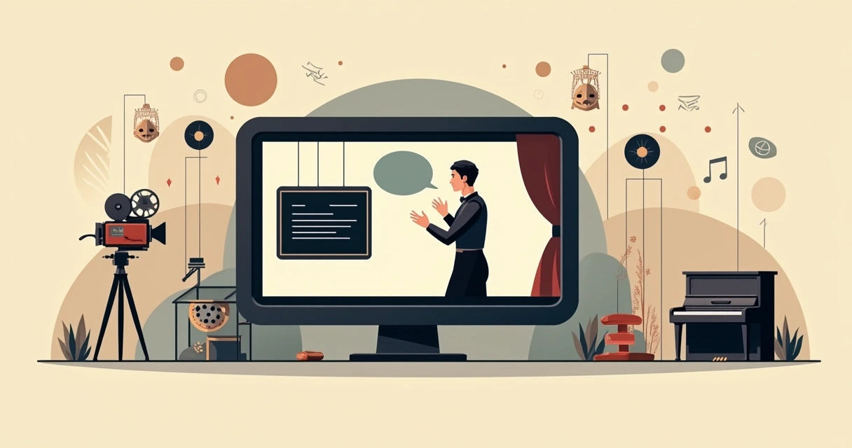 Painel ilustrado com ícones de cinema mudo em estilo flat 