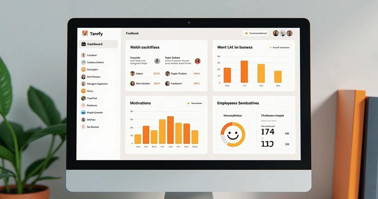 Painel digital mostrando tarefas de equipe e gráficos de motivação lado a lado 