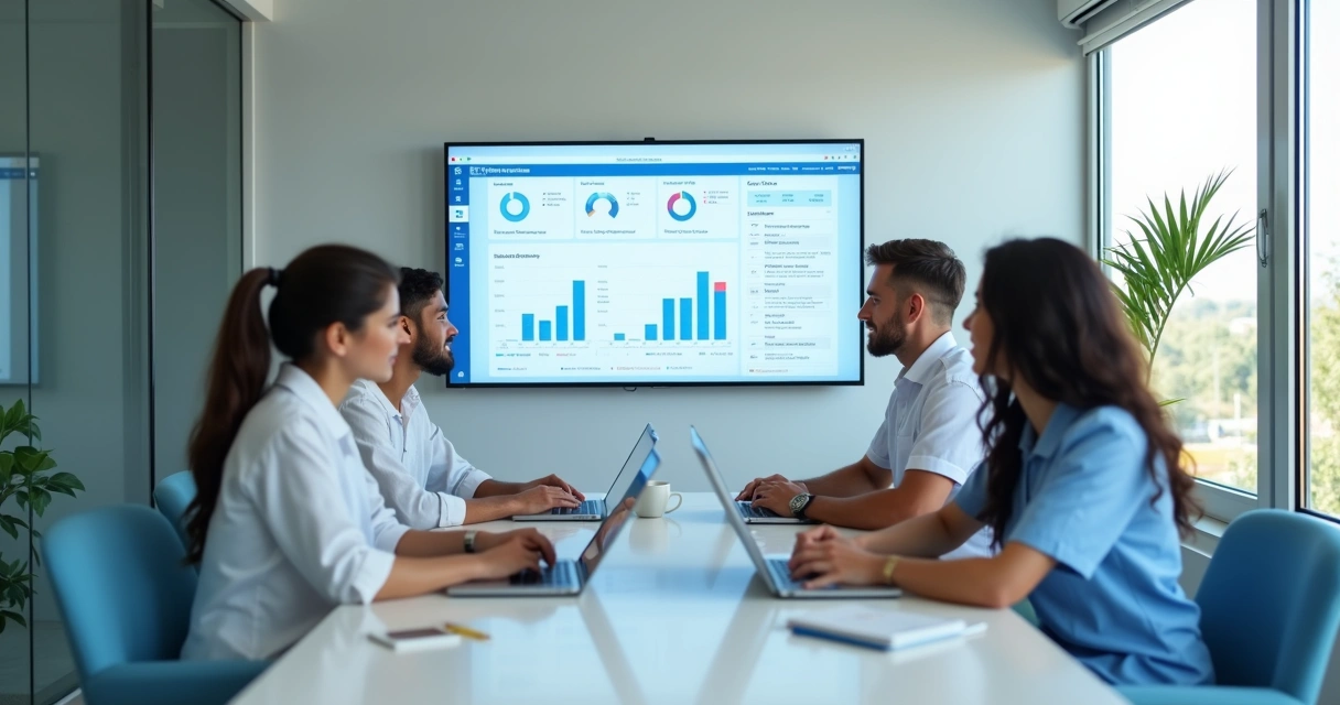 Equipe avaliando métricas de marketing odontológico em uma clínica 