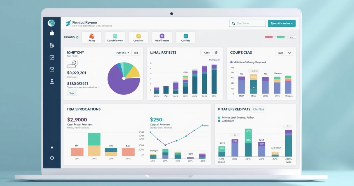 Dashboard de sistema odontológico com gráficos e projeções de fluxo de caixa em tela clara 