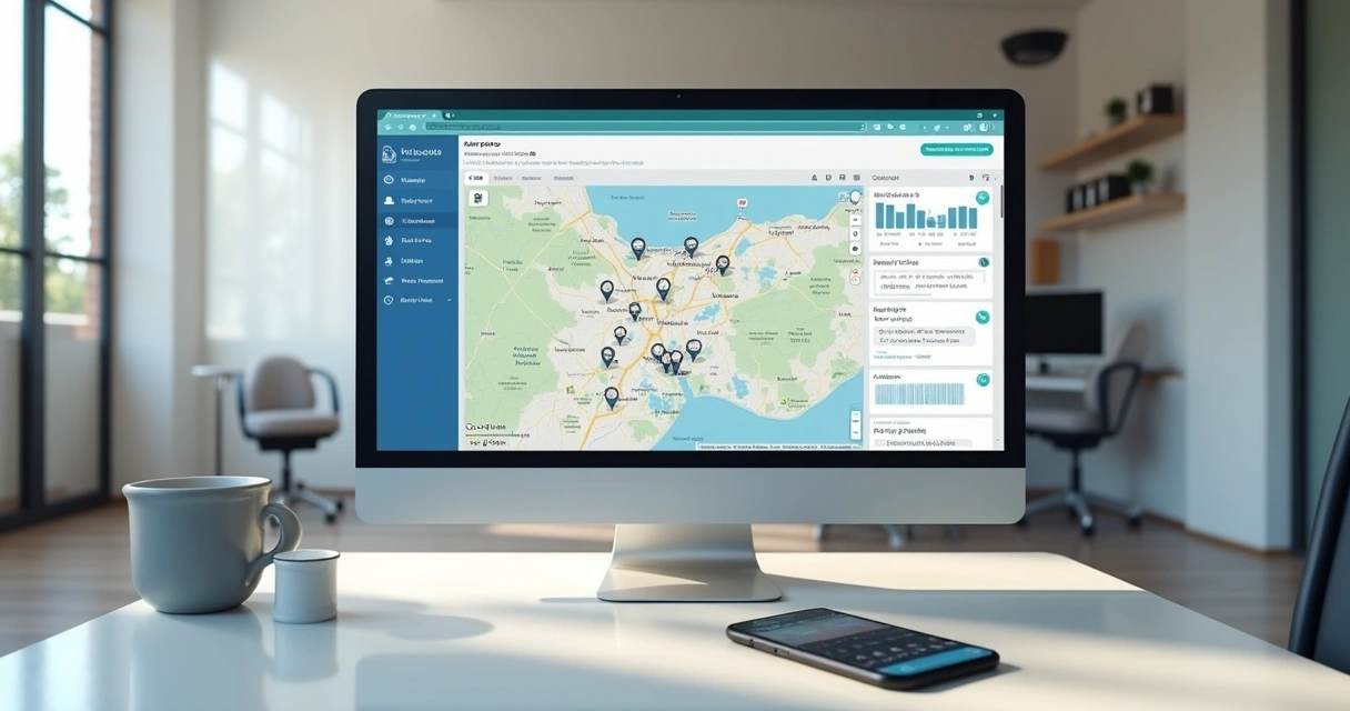 Painel de marketing odontológico em clínica com mapa local e métricas 