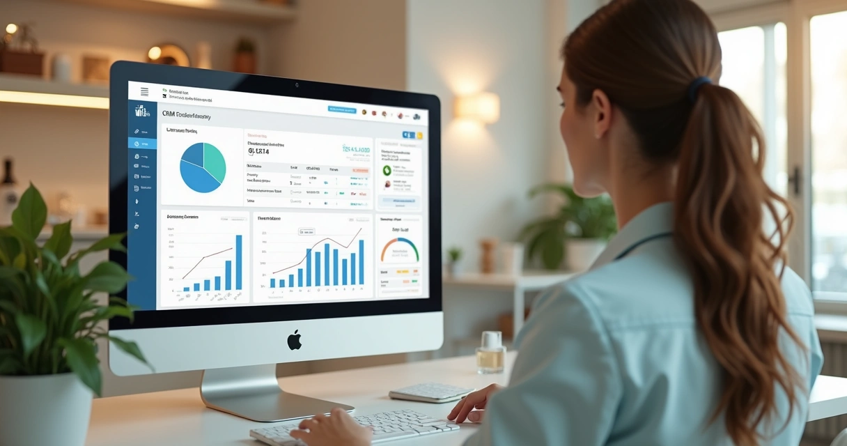 Painel de CRM com leads de clínica em tela de computador 