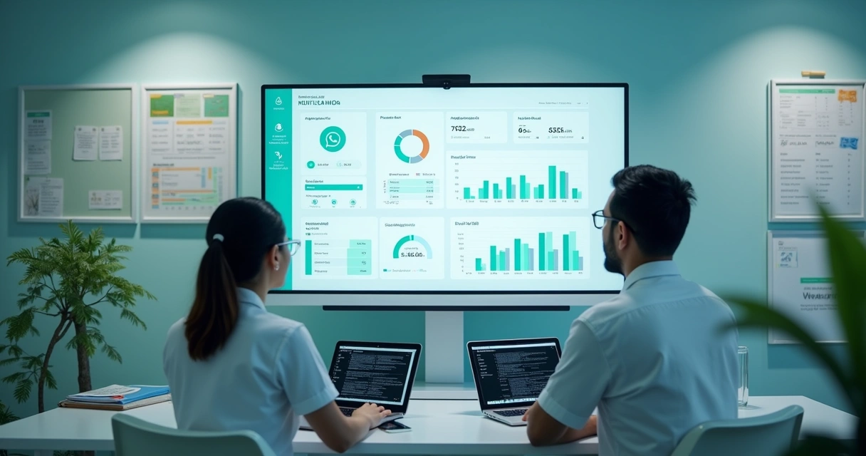 Painel digital de clínica com gráficos e indicadores ao vivo 