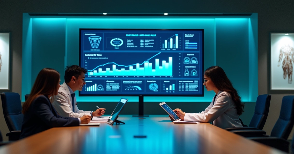 Gestores de clínica analisando painel digital com métricas de valor do paciente 