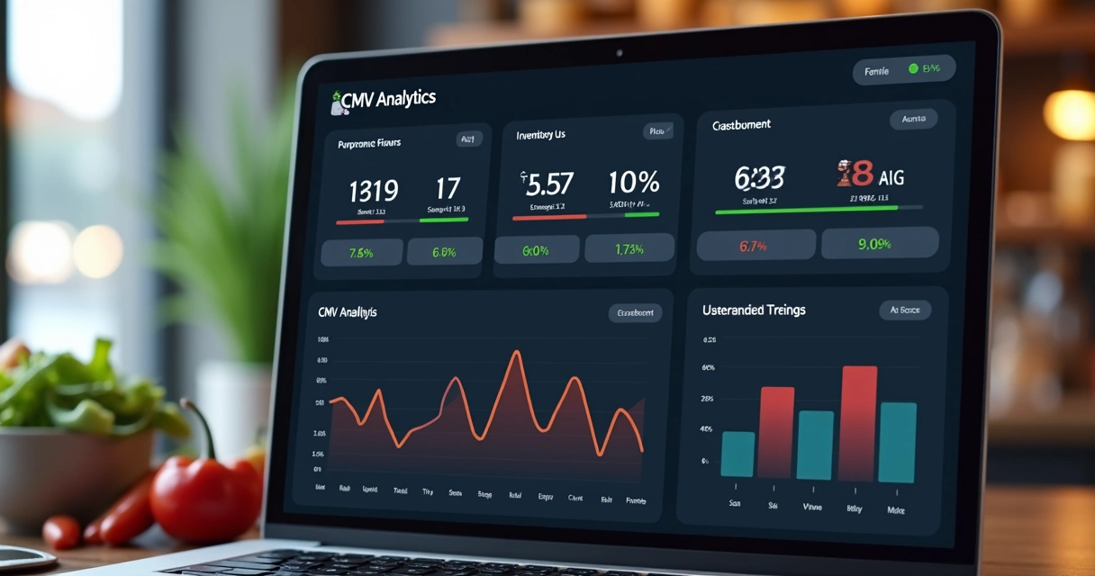 Painel digital de sistema mostrando dados de CMV, estoque e compras 