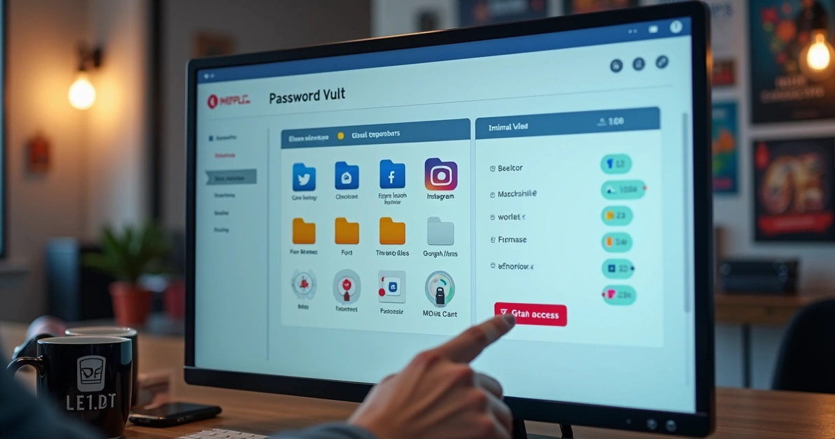 Painel digital de cofre de senhas exibindo acessos de contas de redes sociais
