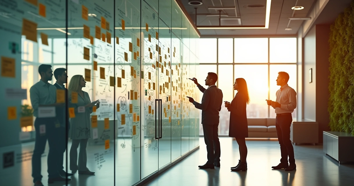 Mural corporativo com funcionários colando post-its em política interna colaborativa 