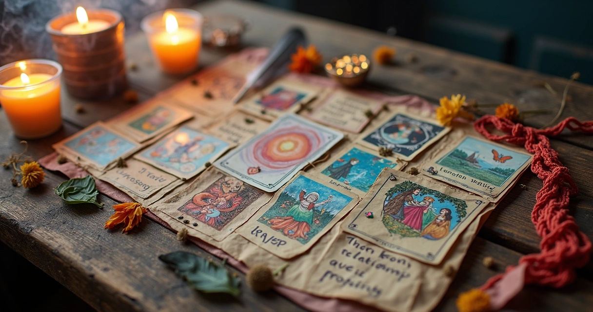 Painel colorido com imagens, cartas e elementos naturais 