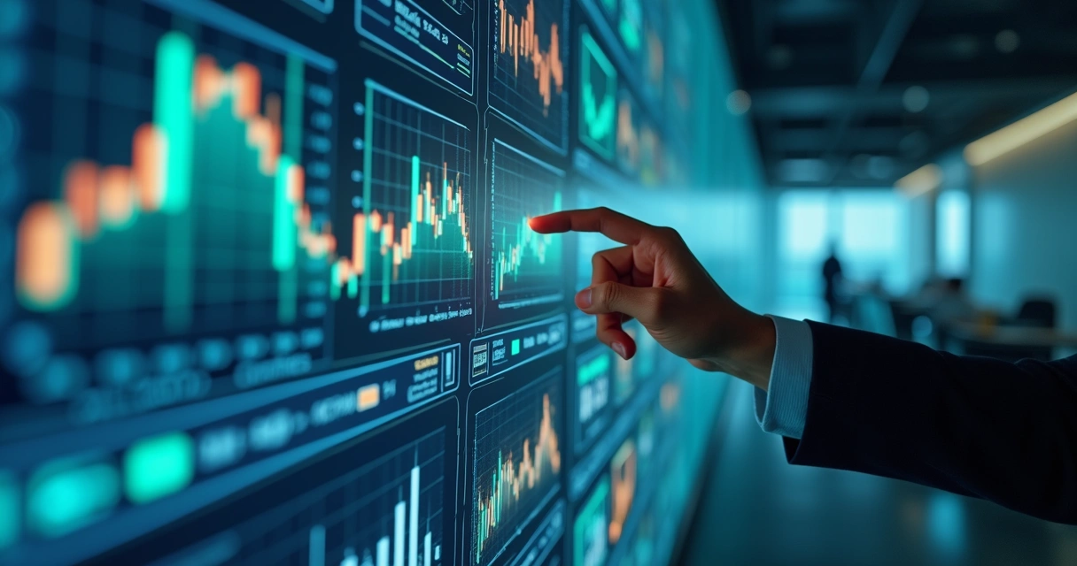 Painel digital com gráficos financeiros e análise de risco em ambiente corporativo moderno 