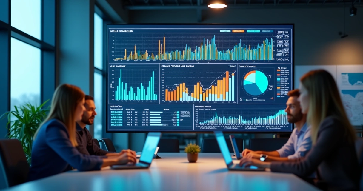 Painel digital com gráficos de comissão de vendas exibidos em tela grande 