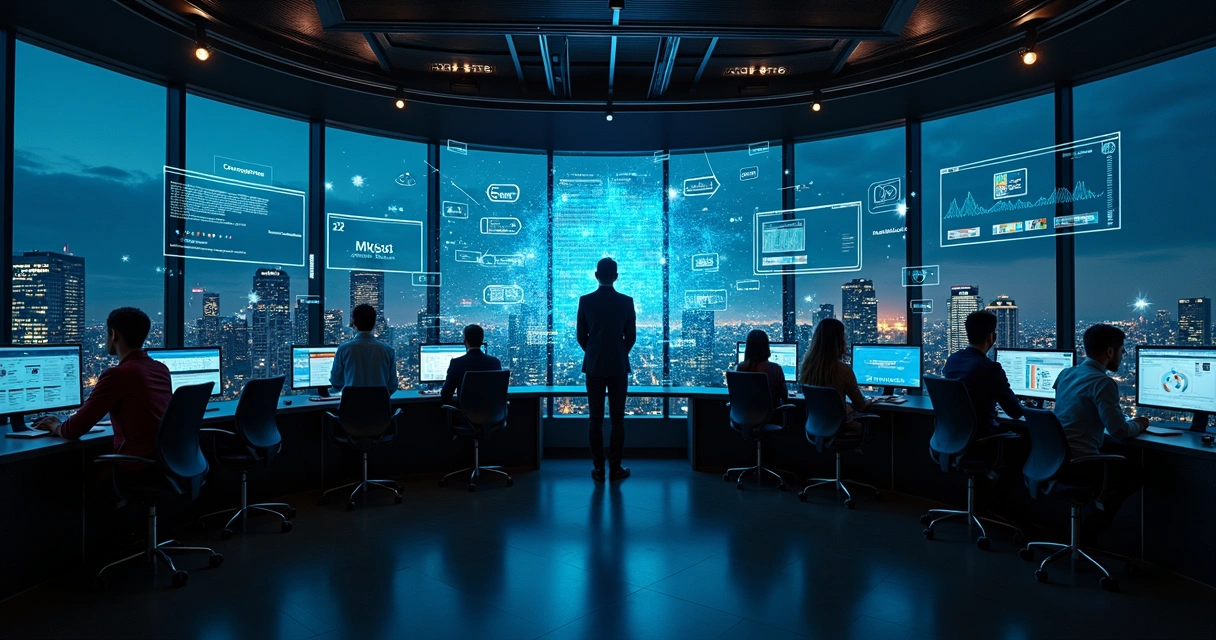 Painel digital comparando ferramentas de gestão tributária em grande centro de operações fiscal 