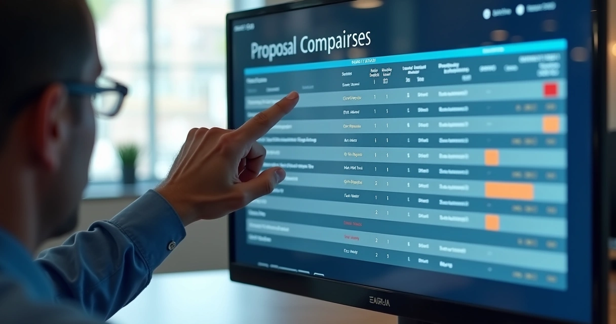 Painel digital comparando propostas técnicas com gráficos e alertas 